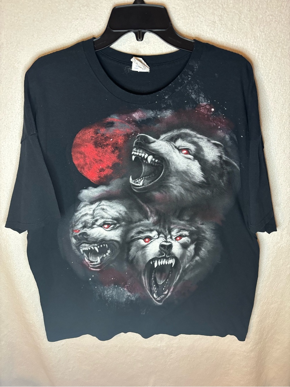 Vintage 3 Wolves Snarling Red Eyes Blood Moon Black 2XL Grunge Emo T-Shirt